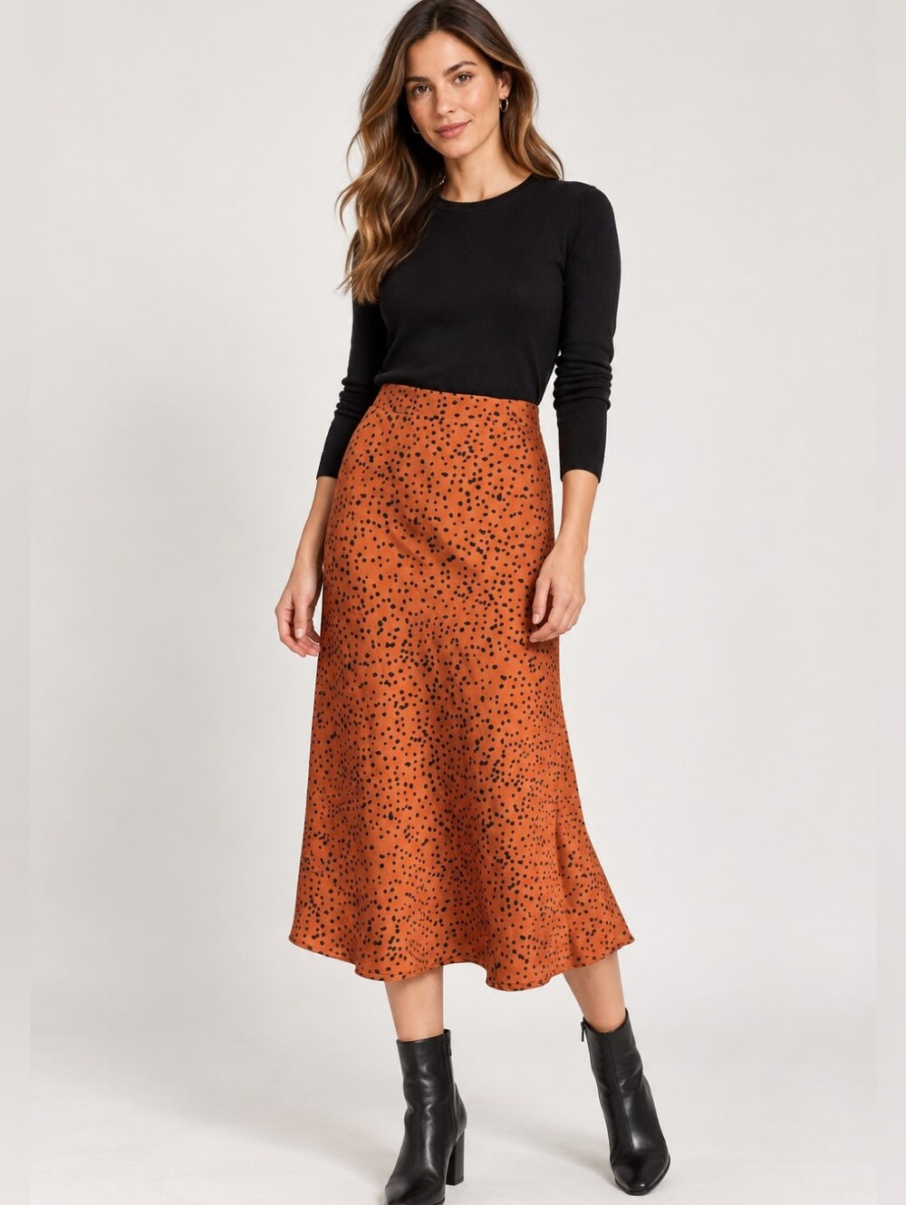 Crescent Rust Orange Black Spotted Midi Skirt Size S